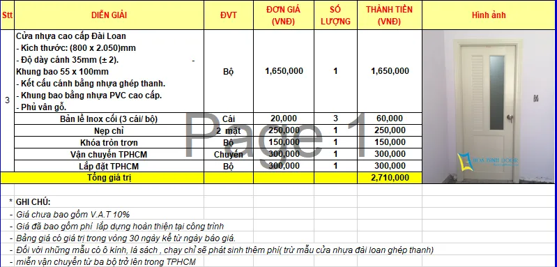 bảng báo giá chi tiết cửa đài loan