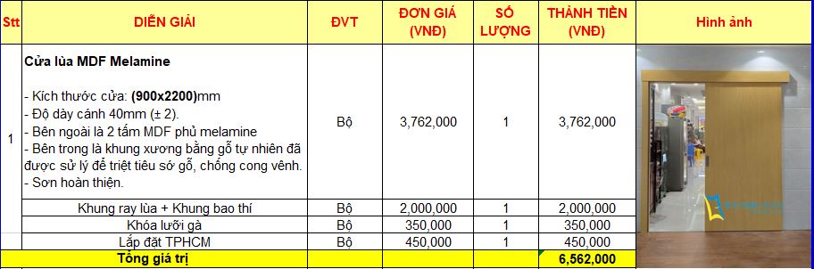 BẢNG GIÁ CỬA LÙA GỖ CÔNG NGHIỆP